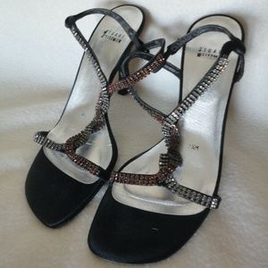 STUART WEITZMAN STRAPY BRONZE & CLEAR STONE HEELS